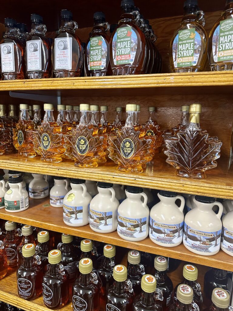 shelves of Vermont maple syrup in country store
