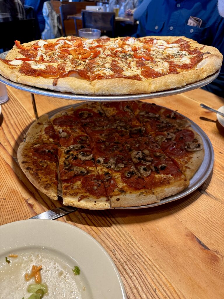 2 pizzas from Flatbread Company in Portland Maine