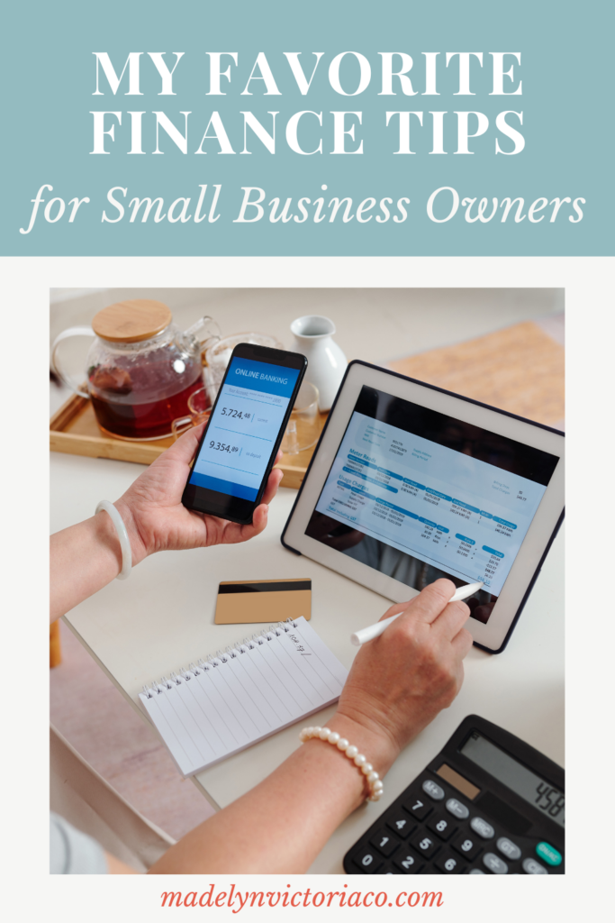 Graphic with a woman on an iPad and words that say, finance tips for small business owners