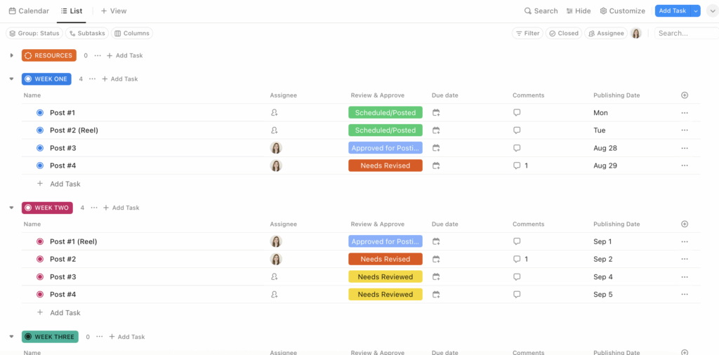 Screenshot of a ClickUp dashboard. It's broken down into 3 weeks and then broken down even more into 4 posts a week. There are custom statuses by it for revision, scheduling, and sharing. 