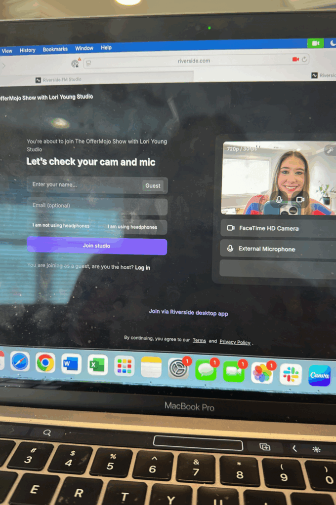 Computer screen that shows girl on a podcast recording website