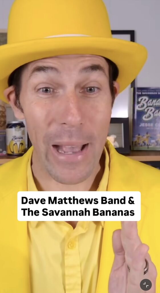 Screenshot of Jesse Cole, the founder of the Savannah Bananas, wearing a yellow hat and tux talking to the camera