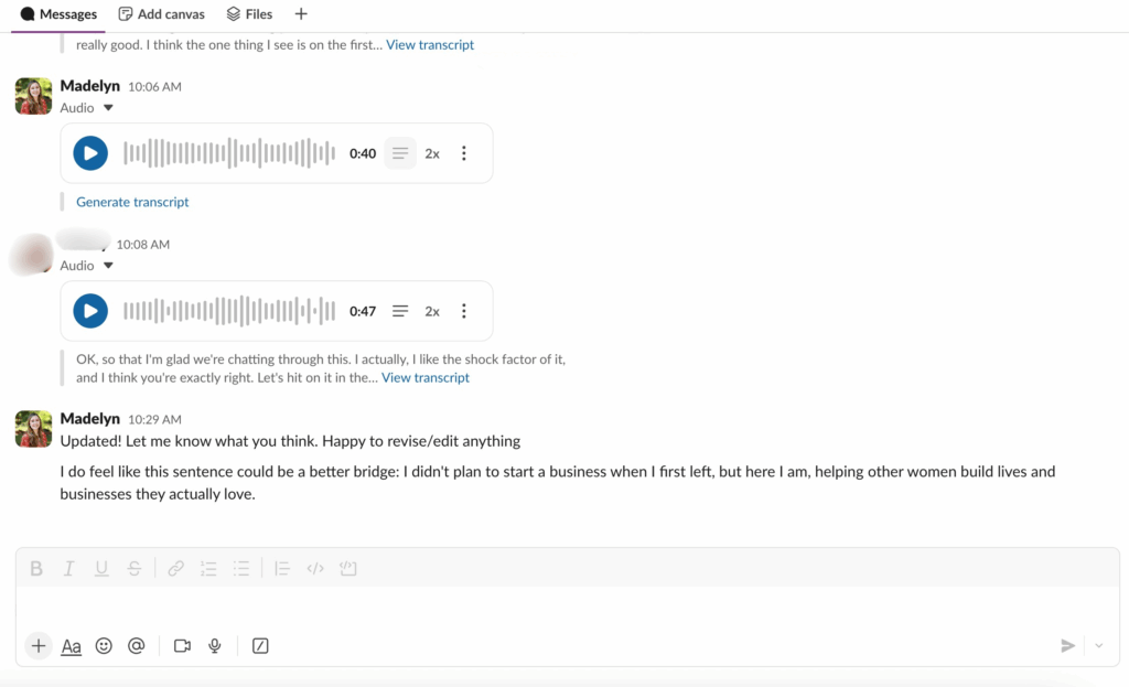 Screenshot of a Slack channel with messages from Madelyn Victoria and a client whose name is blurred out. The conversation is about updating and revising a caption. 