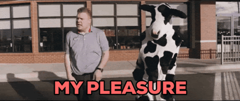 gif of a Chick-fil-A worker and Chick-fil-A cow dancing in the parking lot with the words "my pleasure" over it