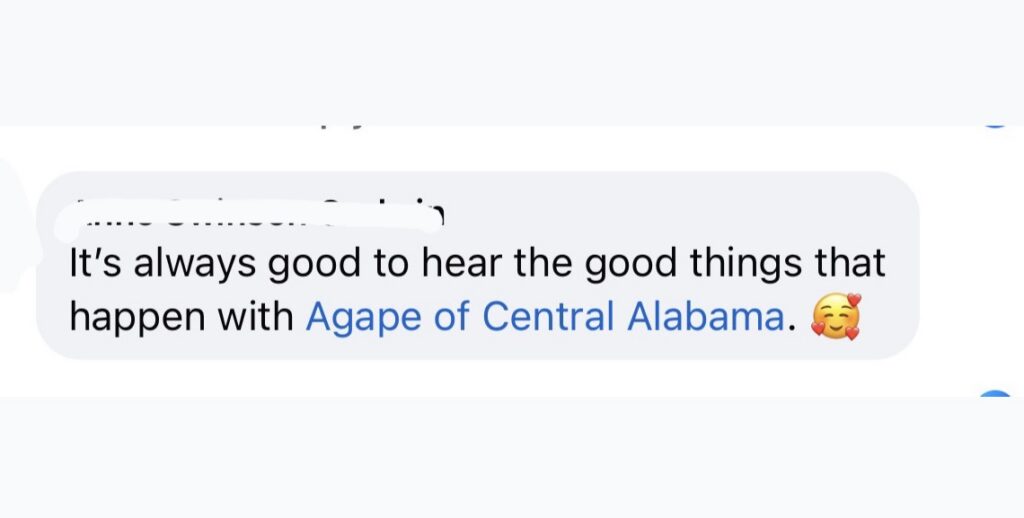 A follower's Facebook comment thanking Agape for its monthly recap posts.