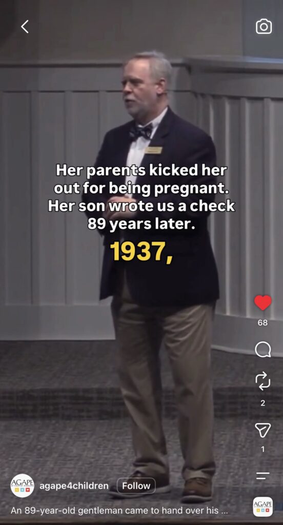 Screenshot of Instagram reel about an 89-year old donor for Agape of Central Alabama