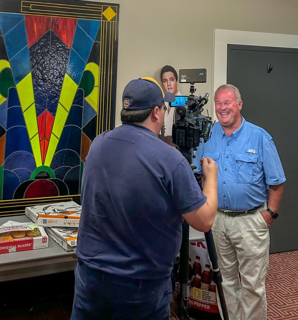 Joey wiginton being interviewed by the local news on the night of the election