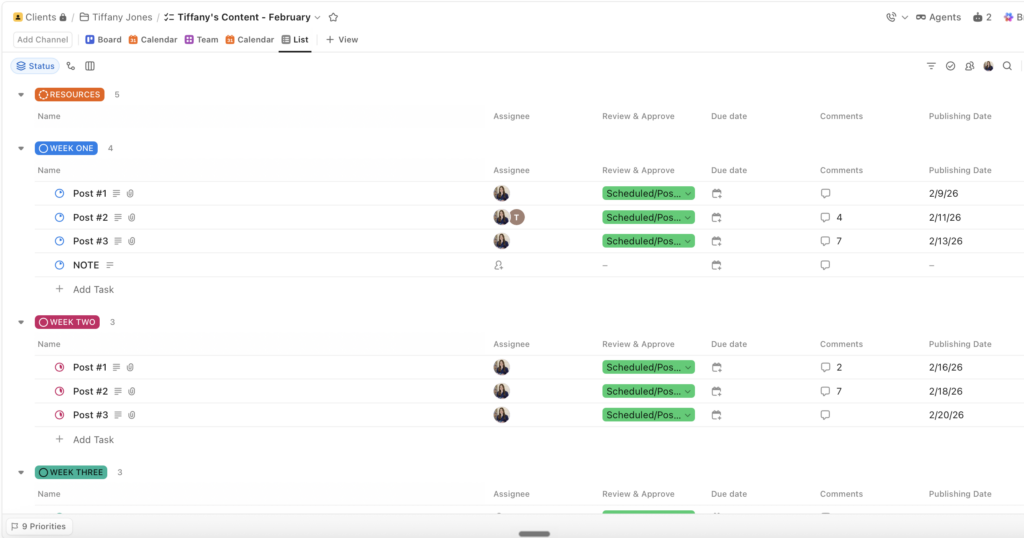 Social media management content calendar in ClickUp with captions drafted for client review