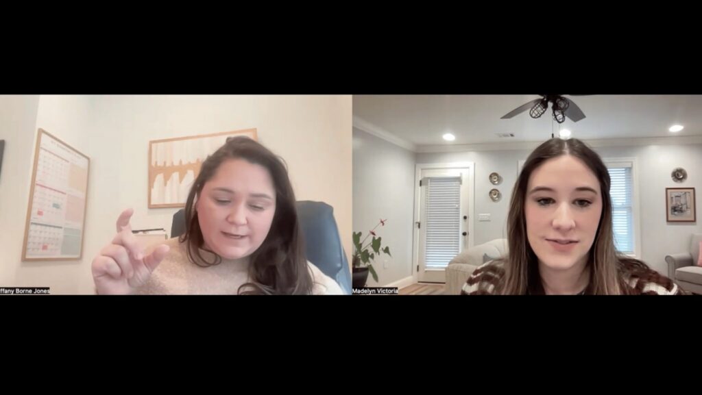 Madelyn Victoria and Tiffany Borne Jones on a Zoom call planning her social media content
